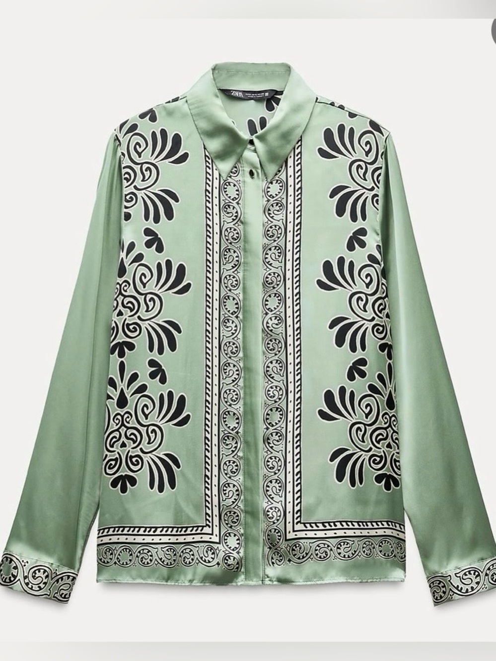 Zara Light Green Satin Button-Down Blouse with Black Ornamental Print